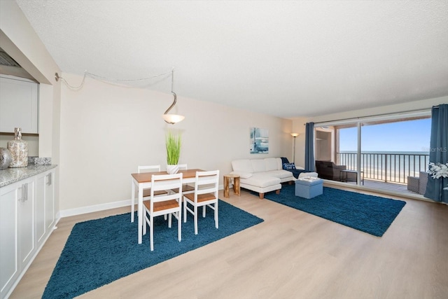 dining room featuring a water view, a textured ceiling, and light hardwood / wood-style floors