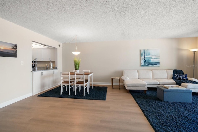 living room featuring a textured ceiling and light wood-type flooring