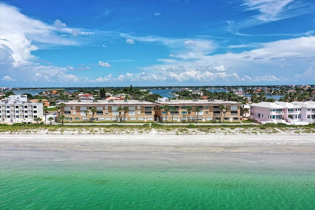 aerial view featuring a water view and a view of the beach