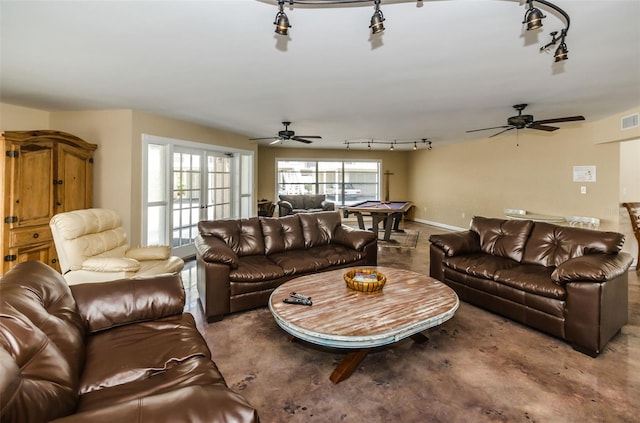 living room with french doors, track lighting, ceiling fan, and pool table