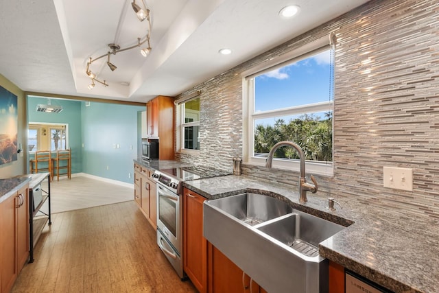 kitchen featuring light hardwood / wood-style floors, stainless steel electric range, decorative backsplash, sink, and a tray ceiling