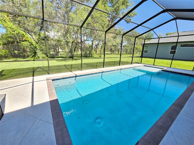 view of pool featuring a lawn and a lanai