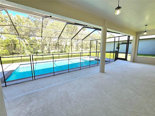 view of swimming pool featuring a lawn, ceiling fan, a lanai, and a patio