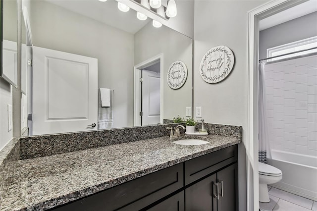 full bathroom with tile patterned floors, vanity, toilet, and shower / tub combo with curtain