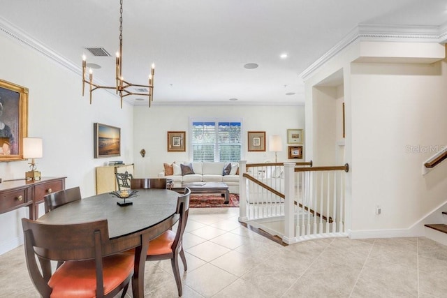 tiled dining room with crown molding and an inviting chandelier