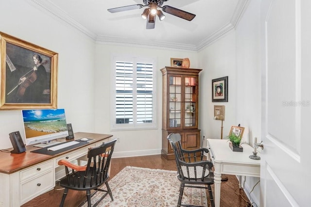 office area with ceiling fan, crown molding, and dark wood-type flooring