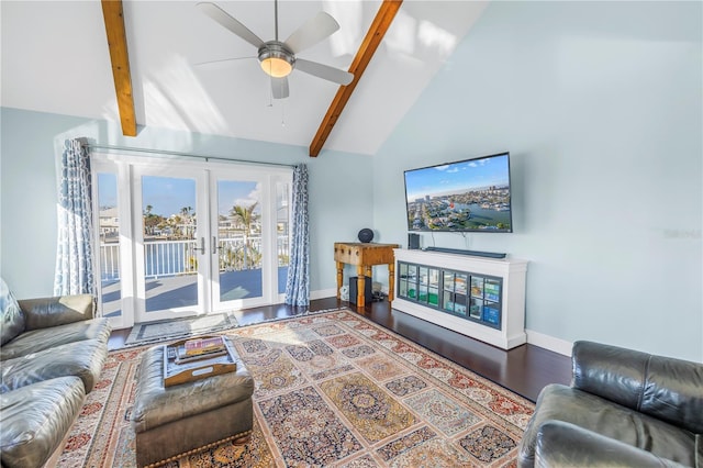 living room with high vaulted ceiling, french doors, hardwood / wood-style flooring, ceiling fan, and beam ceiling