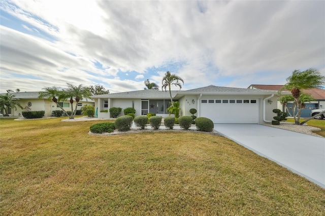 single story home with a garage and a front yard