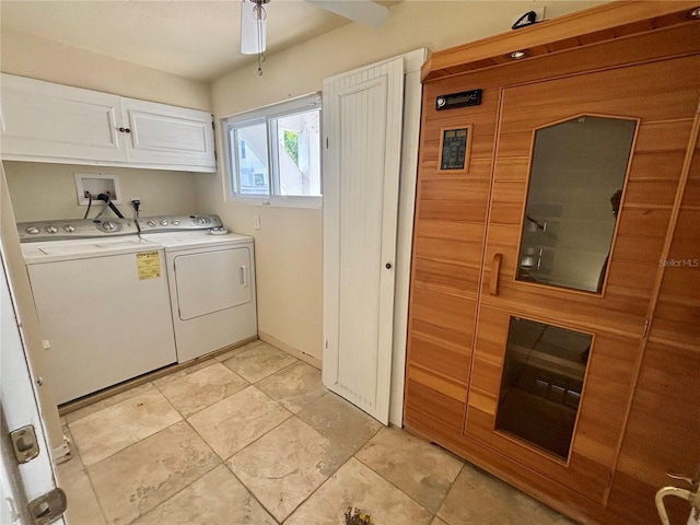 laundry room with ceiling fan, cabinets, and independent washer and dryer