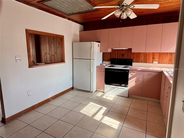 kitchen featuring ceiling fan, light tile patterned flooring, white appliances, and wood ceiling