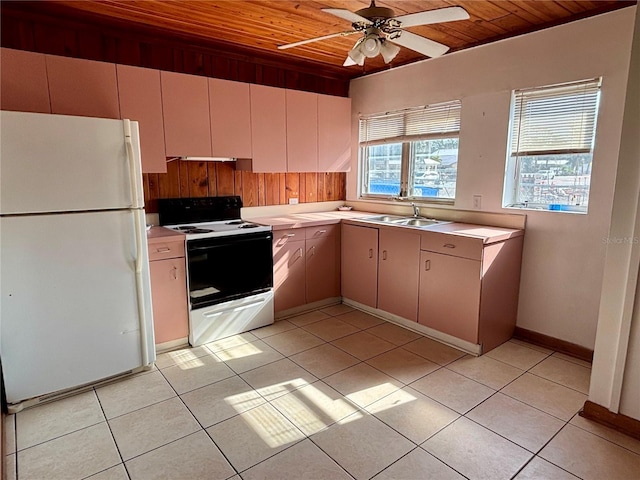 kitchen with sink, white appliances, ceiling fan, and wood ceiling