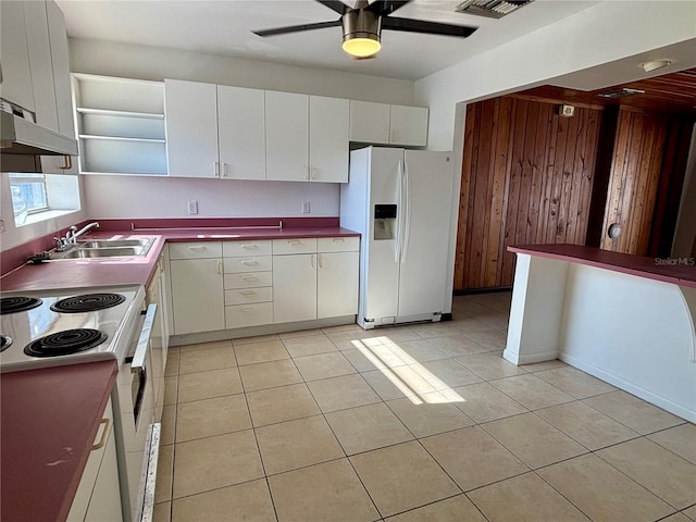 kitchen featuring white appliances, sink, ceiling fan, light tile patterned floors, and white cabinetry