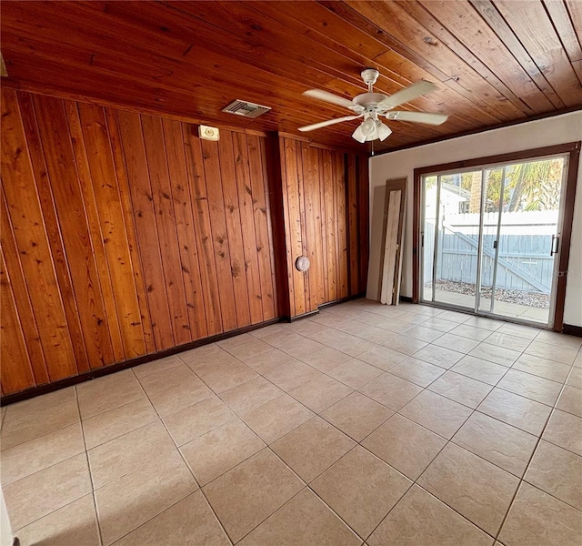 tiled spare room with wood walls, ceiling fan, and wooden ceiling