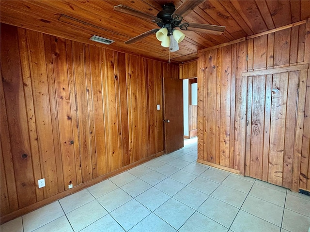 empty room featuring ceiling fan, wooden ceiling, and wooden walls