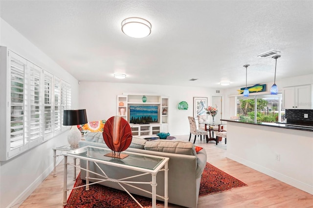 living room with light hardwood / wood-style flooring and a textured ceiling