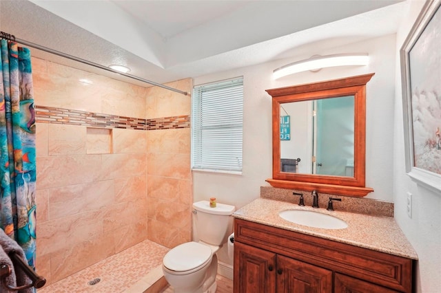 bathroom featuring a shower with shower curtain, vanity, and toilet