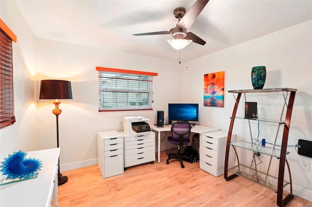 office space featuring light wood-type flooring and ceiling fan