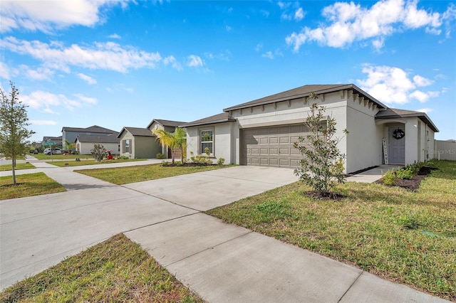 ranch-style house with a front yard and a garage