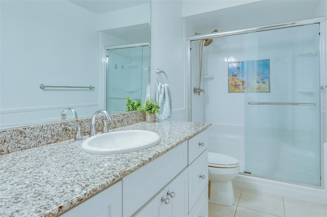 bathroom with tile patterned floors, vanity, toilet, and a shower with door