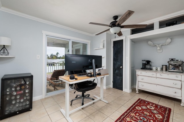 office featuring crown molding, ceiling fan, and light tile patterned flooring