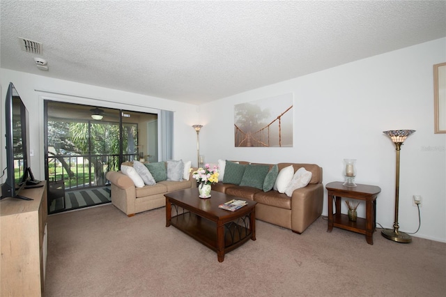 living room featuring carpet and a textured ceiling