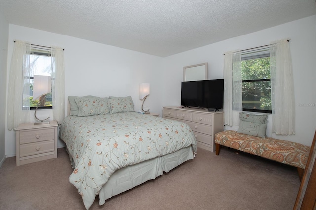 carpeted bedroom featuring a textured ceiling