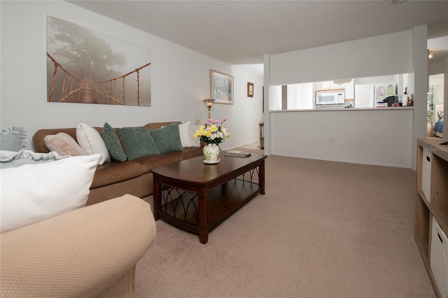 living room with light carpet and a textured ceiling