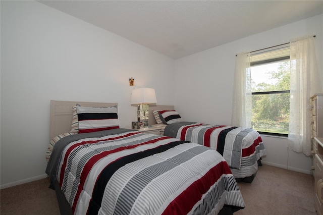 bedroom with light colored carpet