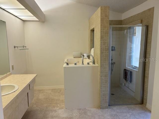 bathroom with vanity, a shower with shower door, and vaulted ceiling