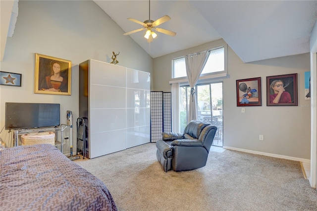 bedroom featuring access to outside, ceiling fan, a towering ceiling, and light colored carpet