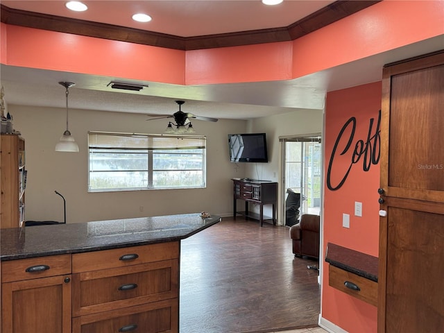 kitchen with ceiling fan, dark stone counters, a wealth of natural light, and pendant lighting