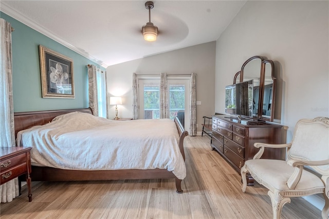 bedroom with lofted ceiling, light wood-type flooring, access to exterior, and ceiling fan