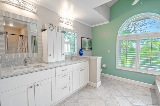 bathroom featuring ornamental molding, curtained shower, vanity, and toilet