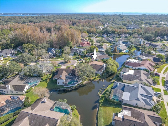 bird's eye view with a water view