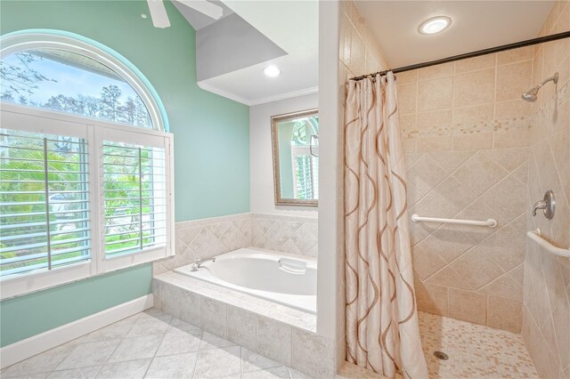 bathroom featuring crown molding, plenty of natural light, tile patterned floors, and plus walk in shower