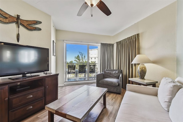 living room featuring ceiling fan and light hardwood / wood-style floors