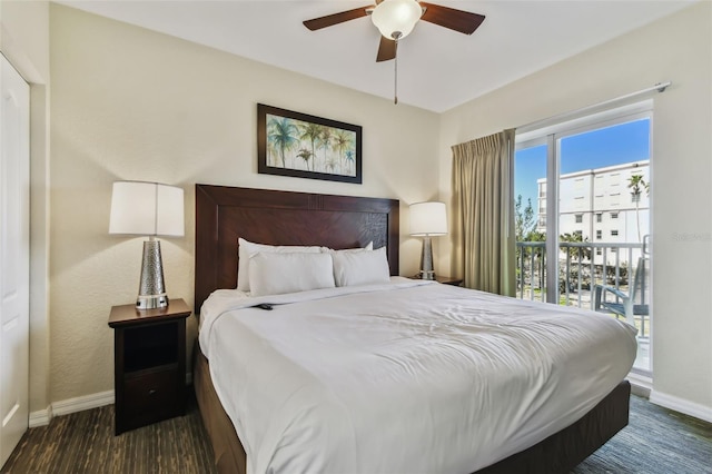 bedroom with access to outside, ceiling fan, and dark hardwood / wood-style floors