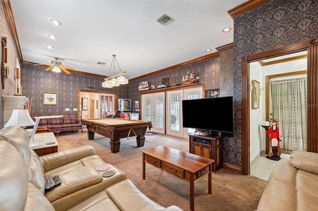 playroom featuring ceiling fan, billiards, light colored carpet, a textured ceiling, and ornamental molding