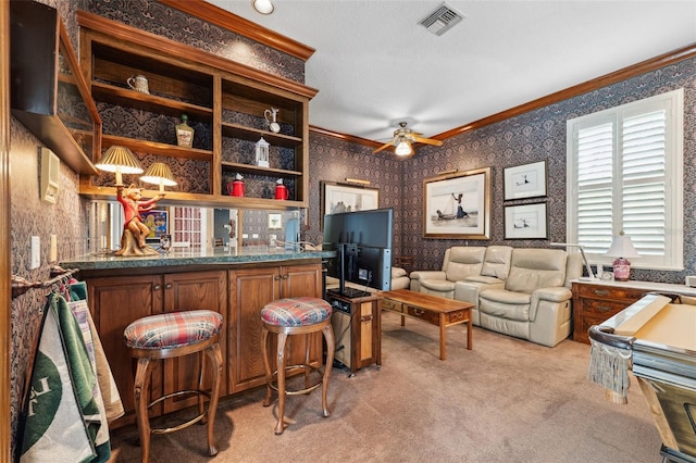 living room featuring light carpet, ceiling fan, crown molding, and billiards