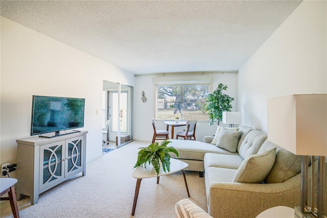 living room with light carpet and a textured ceiling