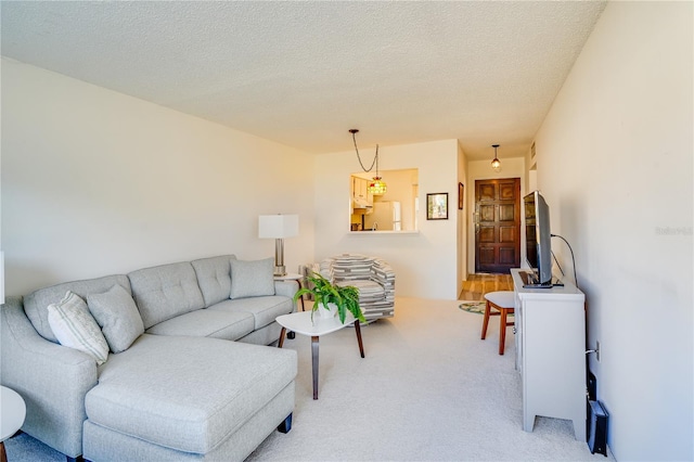 carpeted living room with a textured ceiling