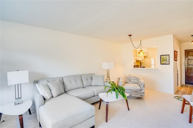 living room with carpet floors and a textured ceiling