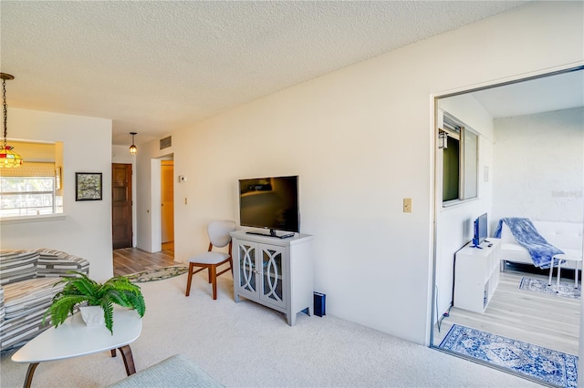 living room with light carpet and a textured ceiling