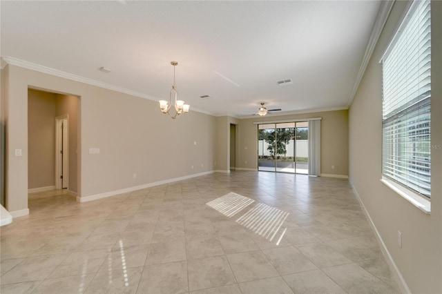 spare room with light tile patterned floors, ceiling fan with notable chandelier, and crown molding