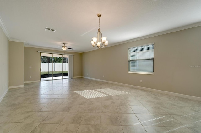 unfurnished room with light tile patterned floors, ceiling fan with notable chandelier, and ornamental molding