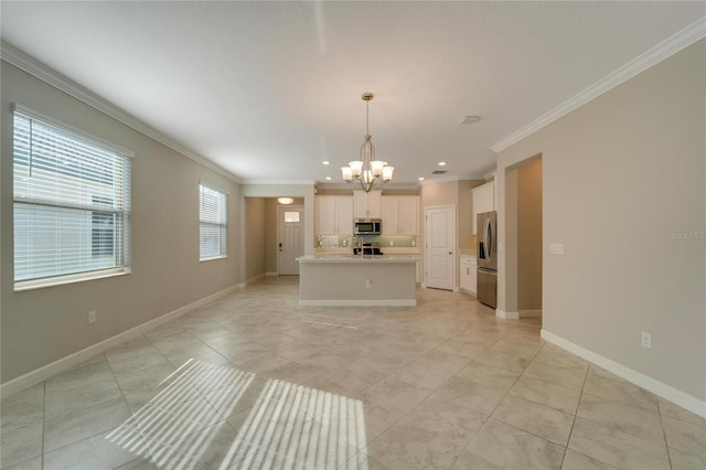 interior space with crown molding, light tile patterned flooring, and a chandelier