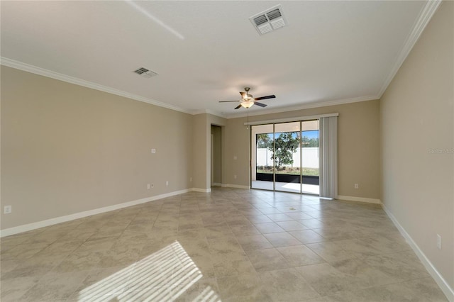 tiled empty room with ceiling fan and crown molding