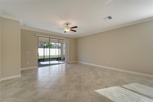 empty room with ceiling fan, crown molding, and light tile patterned floors