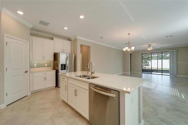 kitchen featuring white cabinetry, a kitchen island with sink, sink, and appliances with stainless steel finishes