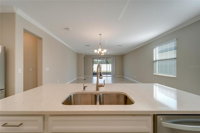 kitchen with dishwasher, sink, light stone counters, white cabinetry, and a chandelier